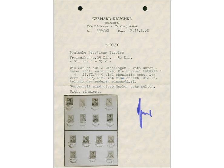 1941, König Peter II. 0,25 -30 Dinar, sauber mit Stempel “BEOGRAD 28.VI.41” auf zwei unbeschrifteten Umschlägen, 0,25 Dinar f