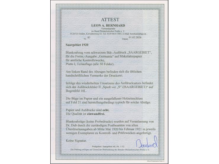 Kontrollabzug der Aufdruckplatte I auf Maschinenpapier, im Bogenrand mit handschriftlicher Angabe “2.50 M. 2 Abdruck v. 4 Jun