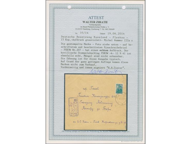 1941, “PLESKAU” schräger Handstempelaufdruck von links unten nach rechts oben in grauultramarin, 15 Kopeken, sauber mit Stemp