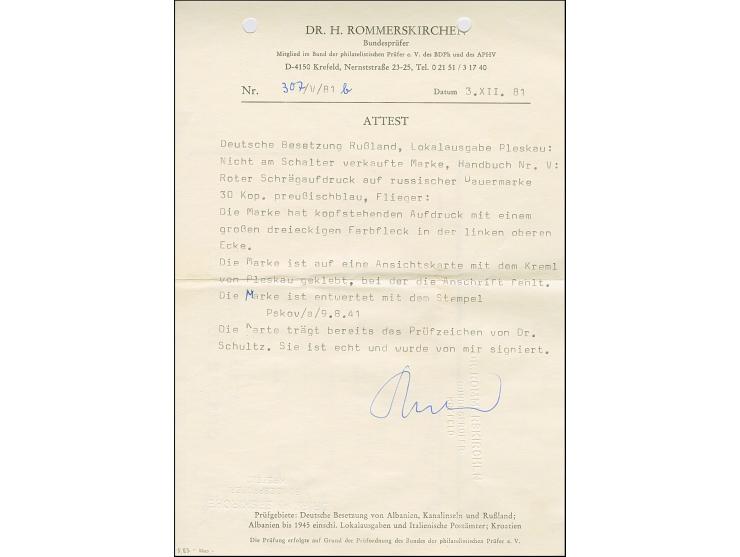 1941, “PLESKAU” schräger Handstempelaufdruck von links unten nach rechts oben in dunkelrosarot, 30 Kopeken mit kopfstehendem 