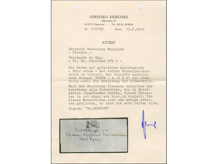 1941, “PLESKAU” schräger Handstempelaufdruck von links unten nach rechts oben in grauultramarin, Arbeiter 20 Kopeken, sauber 