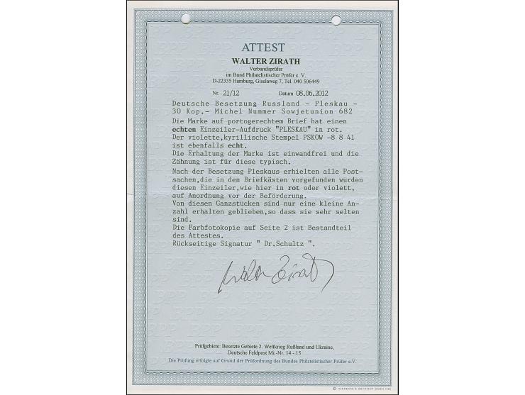 1941, “PLESKAU” schräger Handstempelaufdruck von links unten nach rechts oben in dunkelrosarot, 30 Kopeken, sauber mit violet