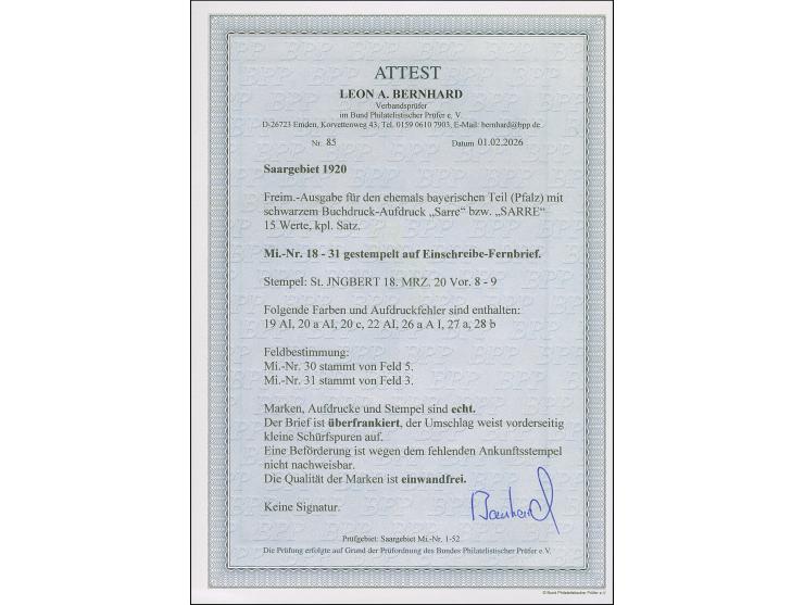 1920, Ludwig 5 Pfg.-5 M. kpl. mit Stempel "St. JNGBERT 18 MRZ 20" auf überfrankiertem Fernbrief nach Saarbrücken, Marken in t