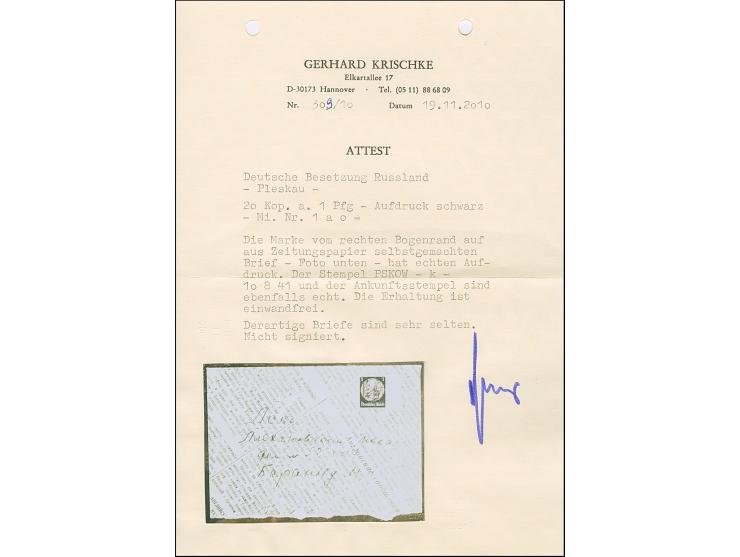 1941, Hindenburg 20 Kopeken auf 1 Pfennig schwarz, schwarzer Handstempelaufdruck, rechtes Seitenrandstück, sauber mit Stempel