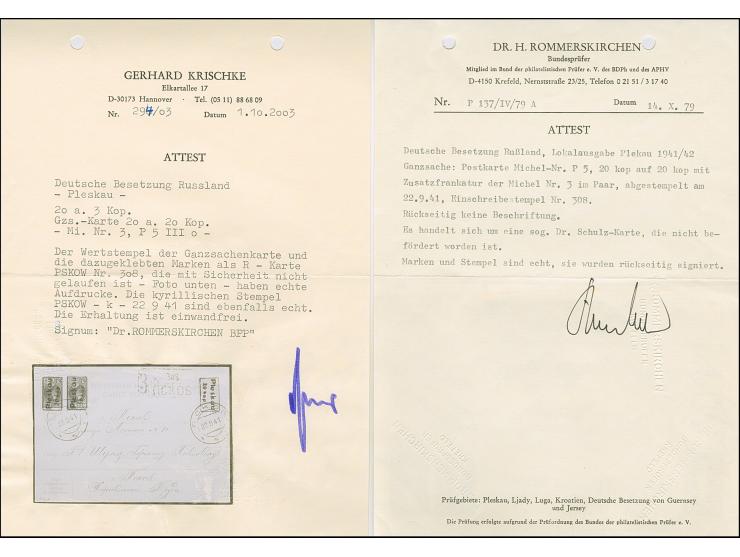 1941, 3 Kopeken, waagerechtes Paar mit Stempel “PSKOV 22 9 41” als Zufrankatur auf eingeschriebener Ganzsachenkarte, tadellos
