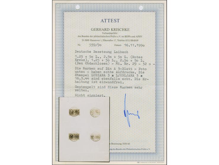 1944, Rotes Kreuz und Obdachlosenhilfe, jeder Wert sauber mit Stempel “LUBIANA 16.3.44” auf Briefstück, tadellos, sehr selten