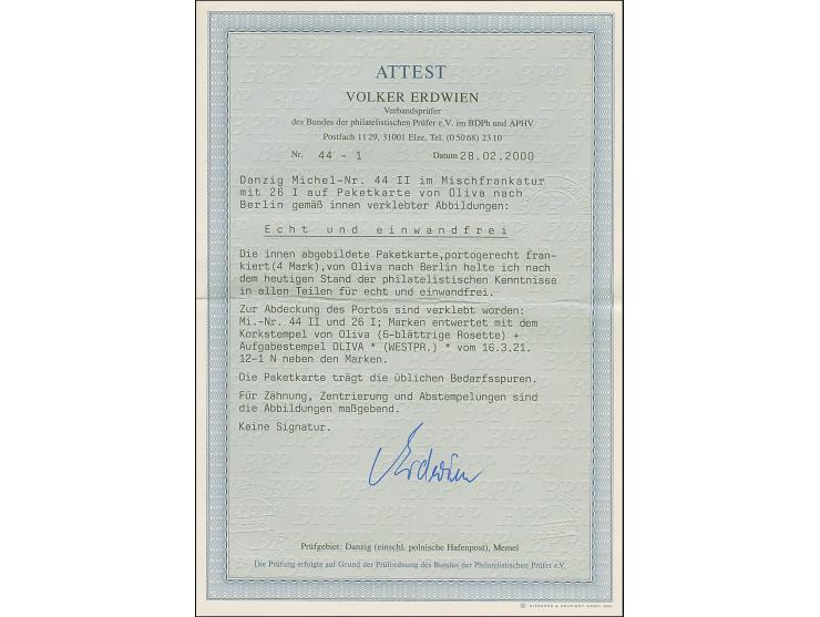 1920, 3 Mark auf 7½ Pfennig, Spitzen nach unten, mit Zufrankatur mit Korkstempel auf Paketkarte mit nebengesetztem Aufgabeste