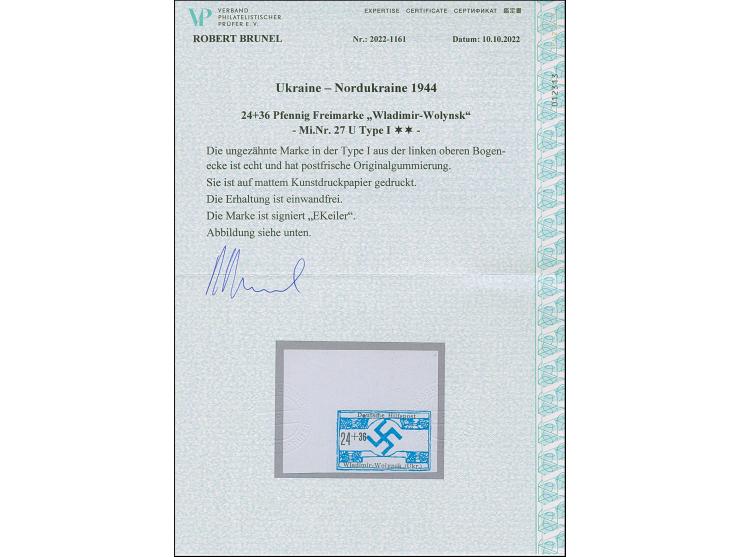 1944, Wladimir-Wolynsk 24 Pfg., ungezähnt, linke obere Bogenecke auf mattem Kunstdruckpapier, Type I, postfrisch, tadellos, s