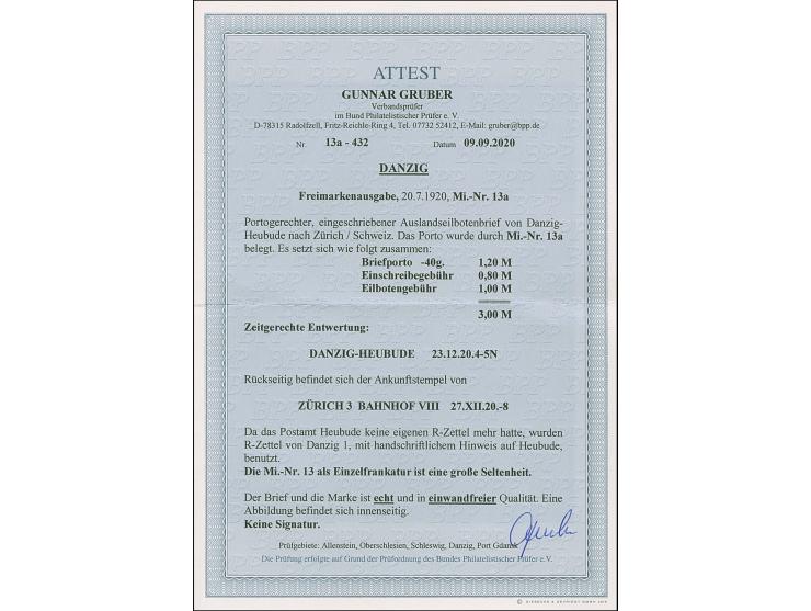 1920, 3 Mark violettschwarz, sauber mit Stempel “DANZIG HEUBUDE 23,12,20” auf portogerechtem Eil-R-Brief nach Zürich mit Anku