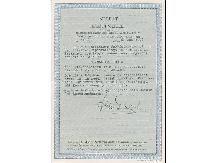 1948, Maschinenaufdruck 60 Pfg. karminrot mit Stempel “DRESDEN A20 3.1.49” auf um 4 Pfg. überfrankiertem Nachnahme-Ortsbrief,