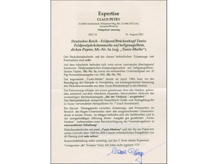 1943, Tunis-Päckchenmarke auf dickem Papier, zwei Einzelwerte (etwas überlappend geklebt), zusammen mit Hitler 20 Pfg. im sen