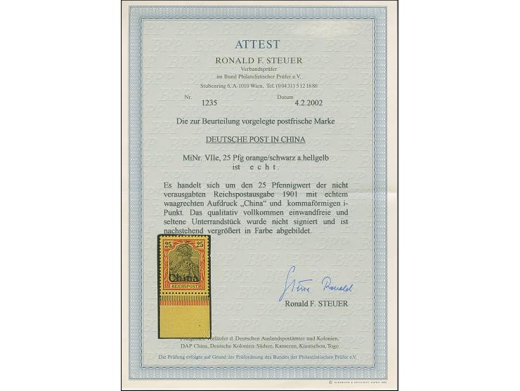 1901, amtlich nicht ausgegeben: Germania 25 Pfg. mit dickerer Aufdrucktype mit kommaförmigen i-Punkt, Unterrandstück, postfri