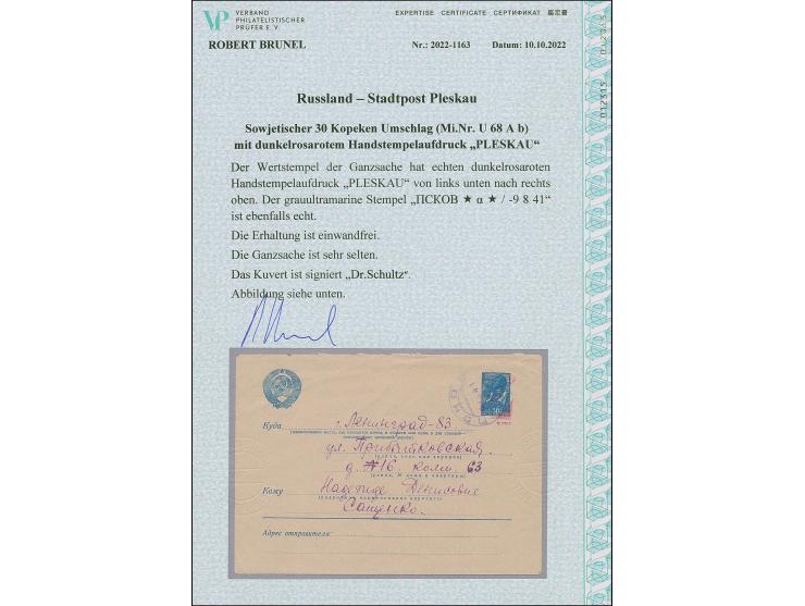 1941, Ganzsachenumschlag 30K. blau mit rotem L1 "PLESKAU" von links unten nach rechts oben, sowie mit violettem Stempel “PSKO