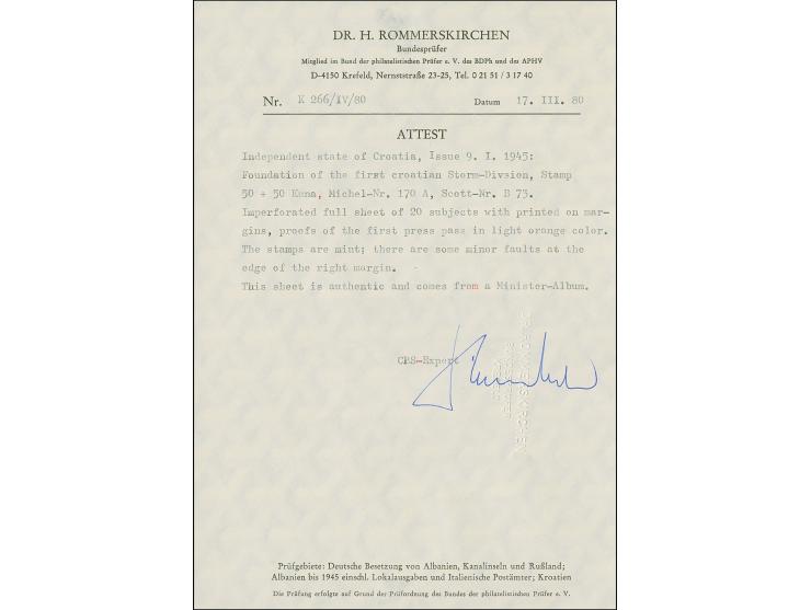 1945, Storm Division 50 k., imperforate first print proof in light orange, complete sheet of 20, mint never hinged, at bottom