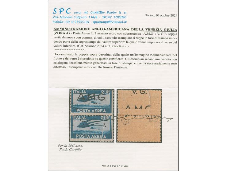 1946, 2 l. in vertical pair, the lower adhesive with variety “overprint on reverse” (due to a defective printing which left a