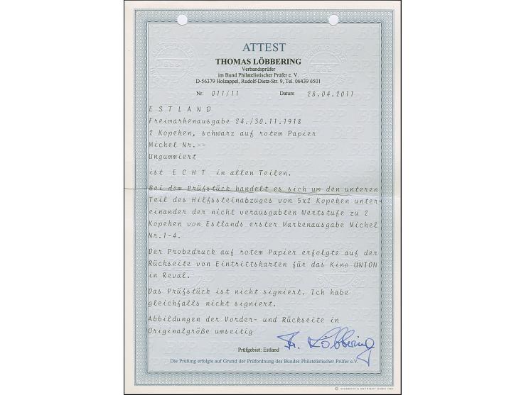 1918, Flower issue 2 kopeks black, Proof printed on reverse of cinema ticket on red paper, with large margins, from the botto