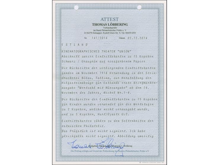 1918, Cinematographic theater “Union”, admission ticket on red paper, vertical strip of two, light crease, otherwise fine, sc