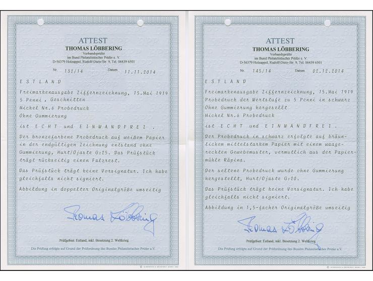 1919, Numerals 5 penni, three different proofs, black on grey paper, bronze on white paper and lemon-yellow on white paper, b