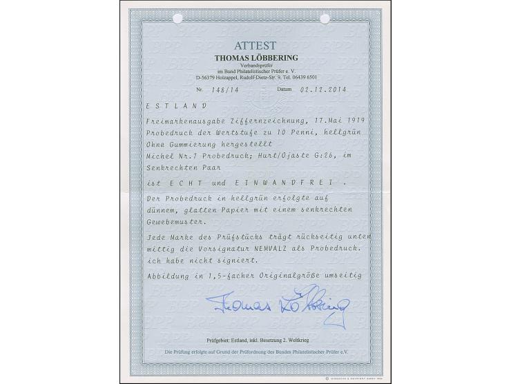 1919, Numerals 10 penni green, proofs in green on thin paper, vertical pair, no gum as issued, fine, signed Nemvalz and certi