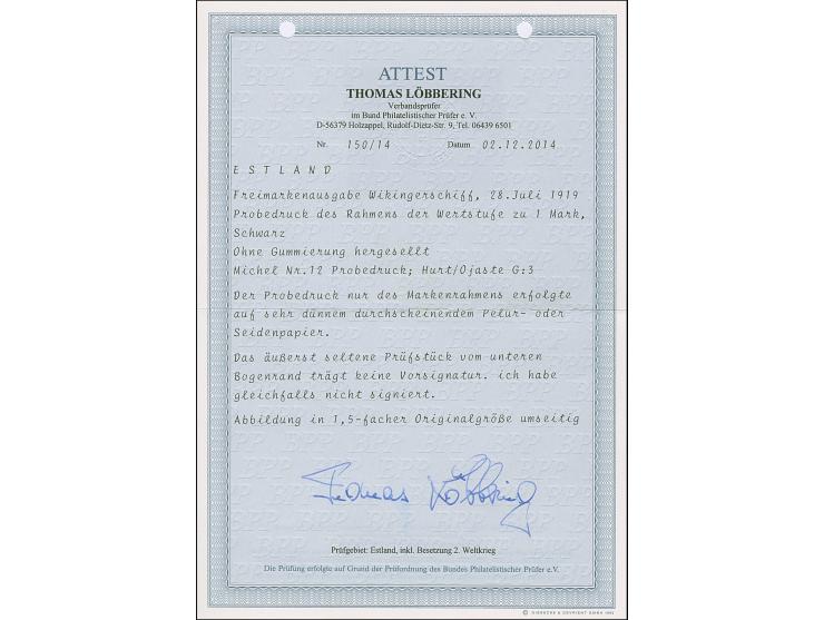 1919, Viking ship 1 mark, proof of the frame only on very thin, silk paper, no gum, very fine and scarce, certificate Löbberi