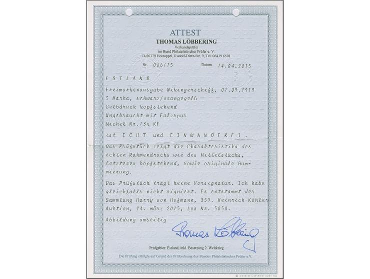 1919, Viking ship 5 mark black/orangeyellow, with inverted center, unused, very fine and rare, certificate Löbbering BPP (201