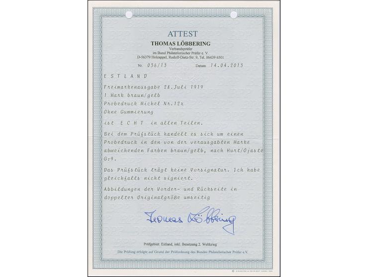 1919, Viking ship 1 mark brown/yellow, proof, no gum, very fine and scarce, certificate Löbbering BPP (2013) (Hurt/Ojaste 12 