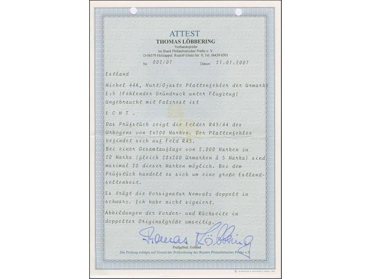 1923, Airmail 20 mark, Päevaleht perforation, with prominent plate flaw “missing green colour below Post”, a very rare stamp,