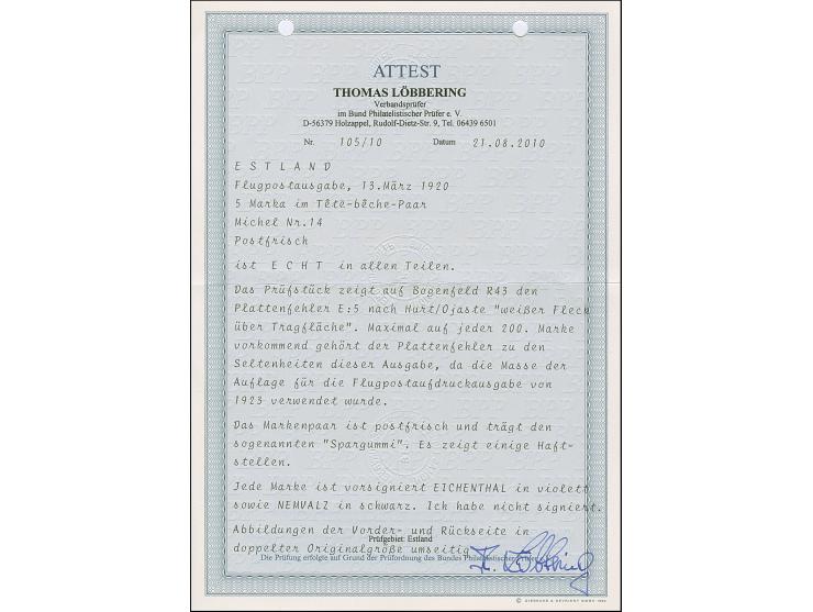 1920, Airmail 5 mark, horizontal pair, one stamp with plate flaw “missing green color below Post” unused, fine, scarce, signe