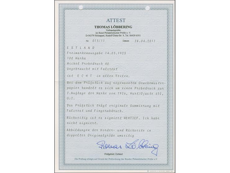 1923, Map of Estonia 100 mark, proof on wove paper, unused, fine, signed and certificate Löbbering BPP (2011) (Hurt/Ojaste G: