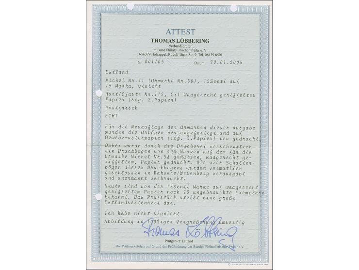 1928, 10 Years of Independence 15 s. on 15 mark, on horizontally ribbed paper, mint never hinged, fine, less than 30 copies k