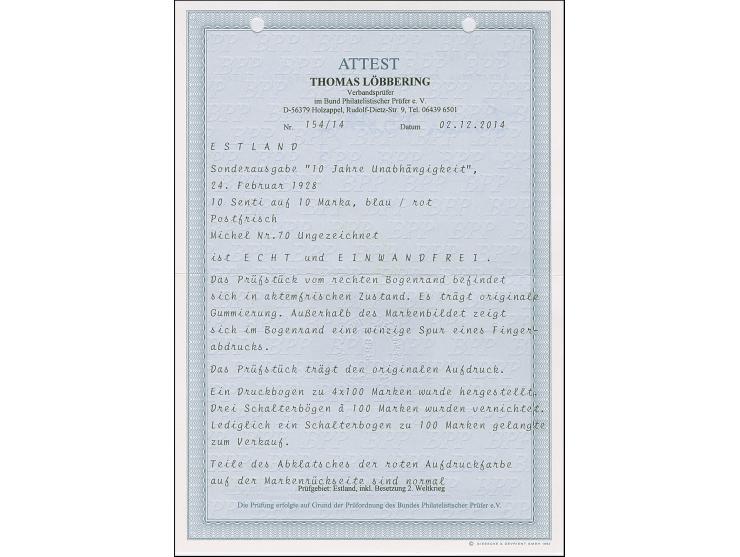 1928, 10 Years of Independence 10 senti on 10 mark, imperforated with right sheet margin, mint never hinged, very fine and sc