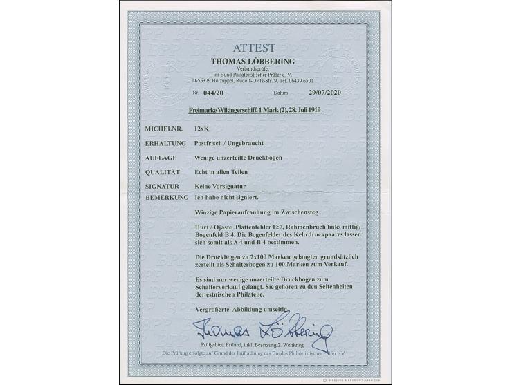 1919, Viking ship 1 mark blue/black, horizontal gutter tête-bêche pair, unused, tiny thin in the gutter, otherwise very fine 