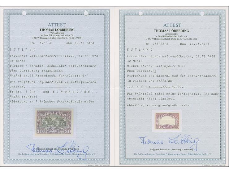 1924, National theater 30 mark, imperforated proofs, in black/lilac, black/red and black/blue plus only frame on lilac, witho
