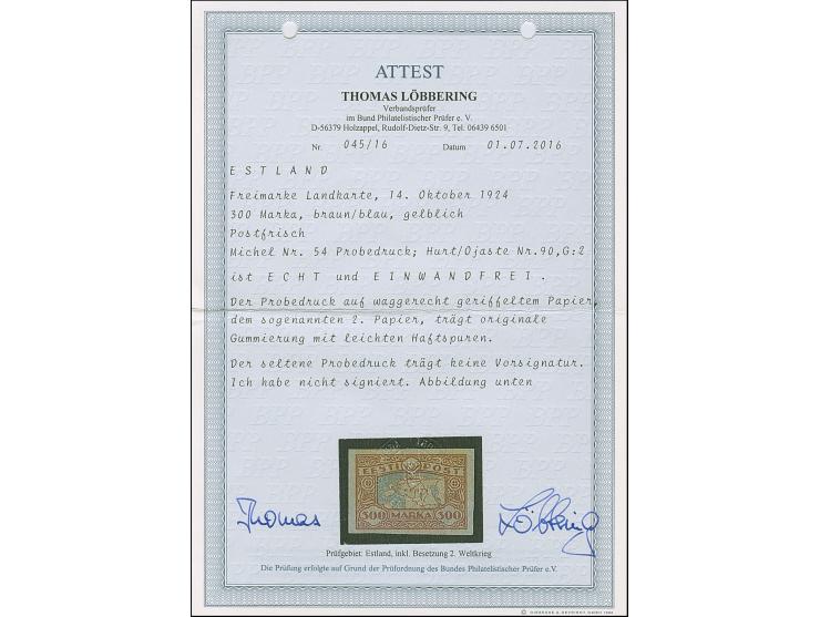 1923, Map of Estonia 300 mark, imperforated proof, unused, fine, certificate Löbbering BPP (2016) (Hurt/Ojaste G:2)