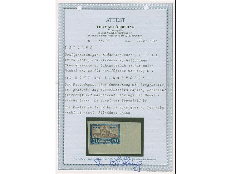 1927, City Views 20 mark, imperforated proof, lower right sheet corner, unused without gum, very fine, certificate Löbbering 