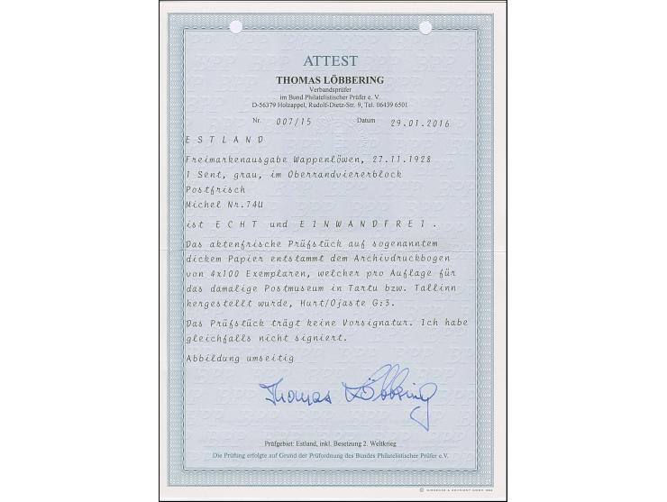 1928, Coat of arms 1senti, imperforated without burelage, block of four with upper sheet margins, mint never hinged, fine, ce