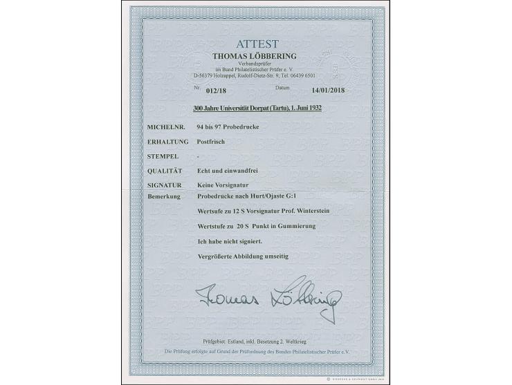 1932, 300 Years Dorpat University 5-20 senti., imperforated proof, mint never hinged, very fine, 12 senti signed Prof. Winter