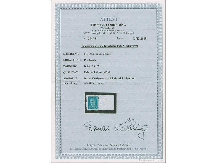 1936, Päts 5 senti, right marginal single with small perforated gutter, mint never hinged, fine, scarce and unusual, certific