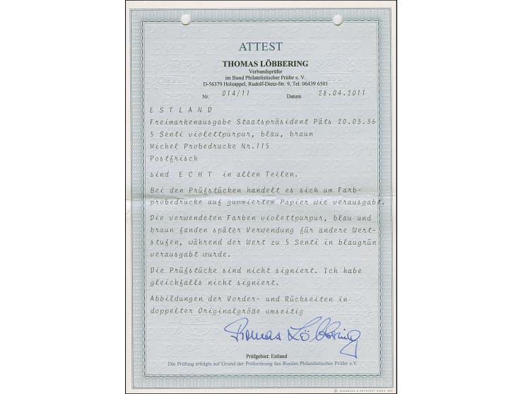 1936, Päts 5 Senti, imperforated proofs, horizontal pairs in blue, violet and brown, mint never hinged, 5 Senti brown one sta