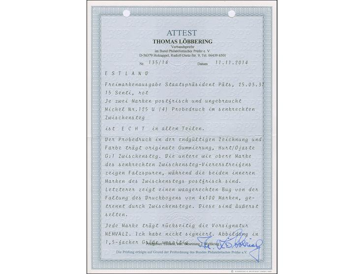 1936, Päts 15 senti, imperforated proof, vertical strip of four with gutter, lower and upper stamp unused, the other mint nev