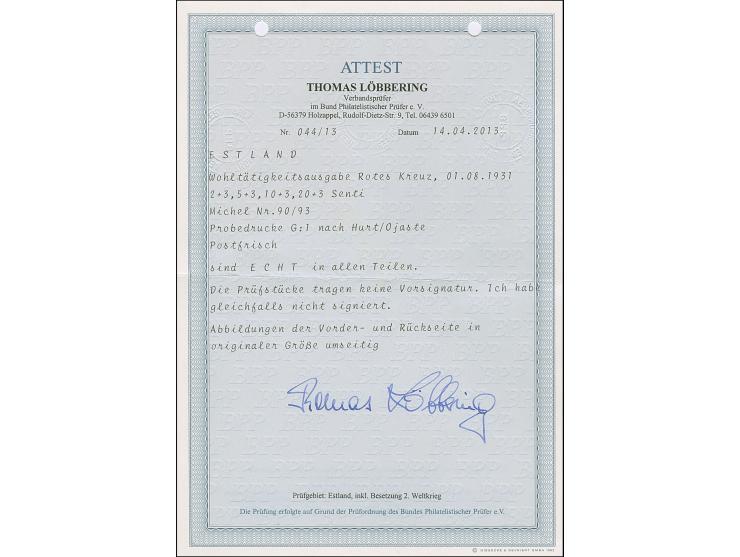 1931, Red Cross 2-20 senti, imperforated proofs, mint never hinged, very fine, certificate Löbbering BPP (2013)