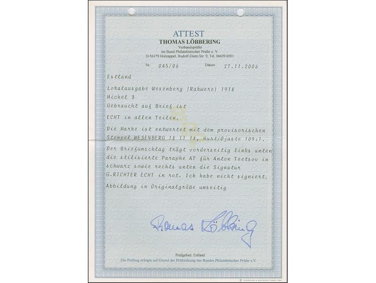 1918, 20 (kopeks) on 2 kopeks, wide margins all around, tied by cds. "WESENBERG 18 11 18" to cover, folded once not affecting