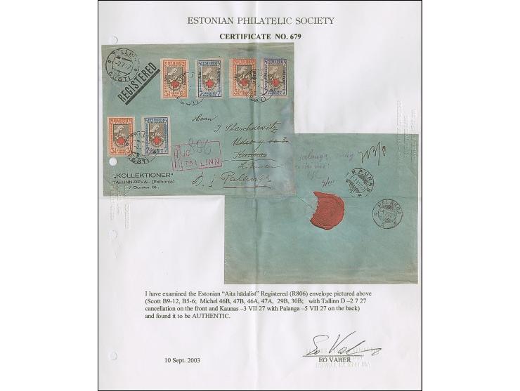 1928, Aita hädalist 2½-5 mark, imperforated and perforated with additional franking tied by cds. "TALLINN -2 7 27" to registe