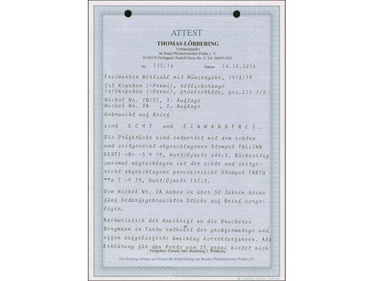 1918, Flower issue 15 kopeks greenish-blue, perforated L 11½ on all sides, together with horizontal pair 5 kopeks, tied by cd