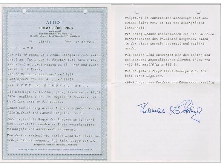 1919, Numerals 10penni green, imperforated with additional franking tied by cds. "TARTU -4 10 19" on slightly overpaid cover 