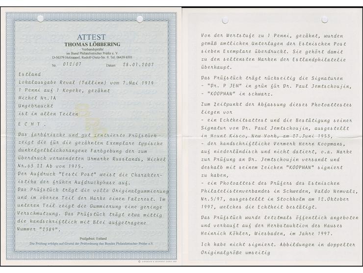 1919, 1 kopek orange, perforated, fresh colour and good perforation, unused, very fine. One of biggest rarities of Estonian a