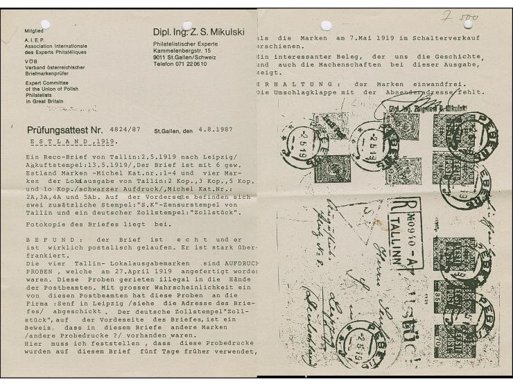 1919, 2-10 kopeks, with additional franking tied by cds. "REVAL -2 5 19" (!!) to slightly overpaid registered cover addressed