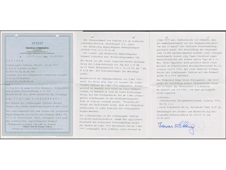 1919, 2-10 kopeks, with additional franking tied by cds. "REVAL -2 5 19" (!!) to slightly overpaid registered cover addressed