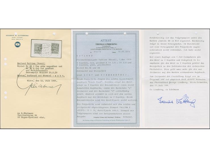 1919, 2 kopeks imperforated together with 3 kopeks perforated, tied by cds. “TALLINN 5 5 19” to small piece, very fine and ra