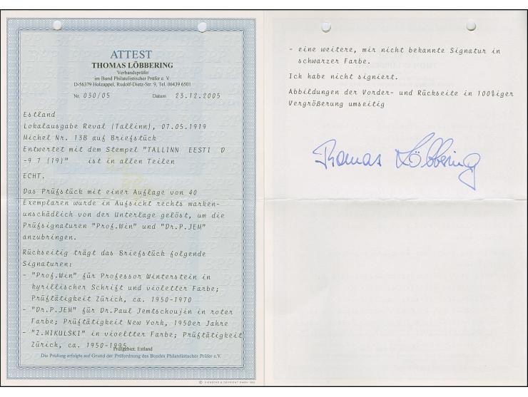 1919, 5 rubel, tied by cds. "TALLIN -9 7 (19) to small piece, very fine, a rare stamp with only 40 printed, very few of these